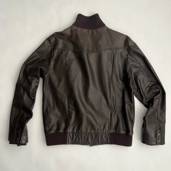 Gap men’s brown genuine leather bomber jacket with ribbed collar / L - Picture 2 of 11